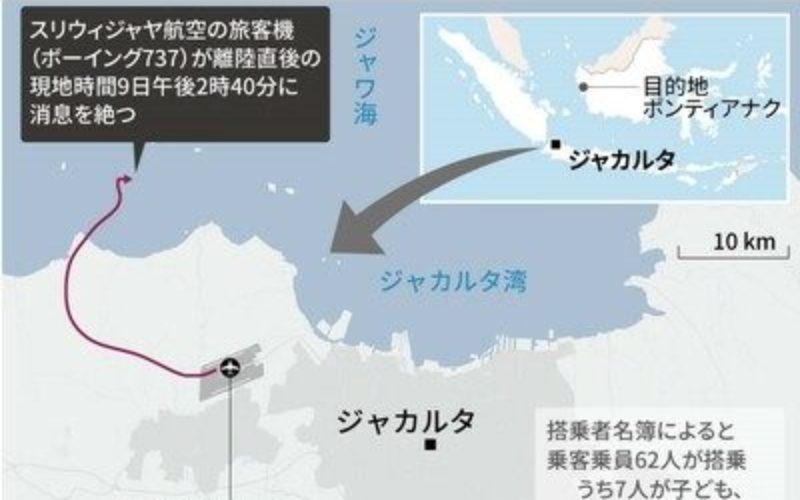 ジャカルタの国際空港で航空機が離陸後に原因が不明で墜落