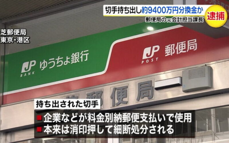 東京都港区の芝郵便局で会計担当者が郵便切手を着服し換金