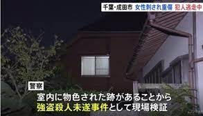 千葉県成田市にある住宅で女性が忍び寄って来た何者かに背中を刺され重傷