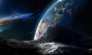 宇宙の彼方にある空間から幅が1キロ程はある小惑星が地球に向けて大接近