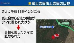 山梨県富士吉田市で熊の駆除にあたっていた猟友会が反対に襲撃され重傷